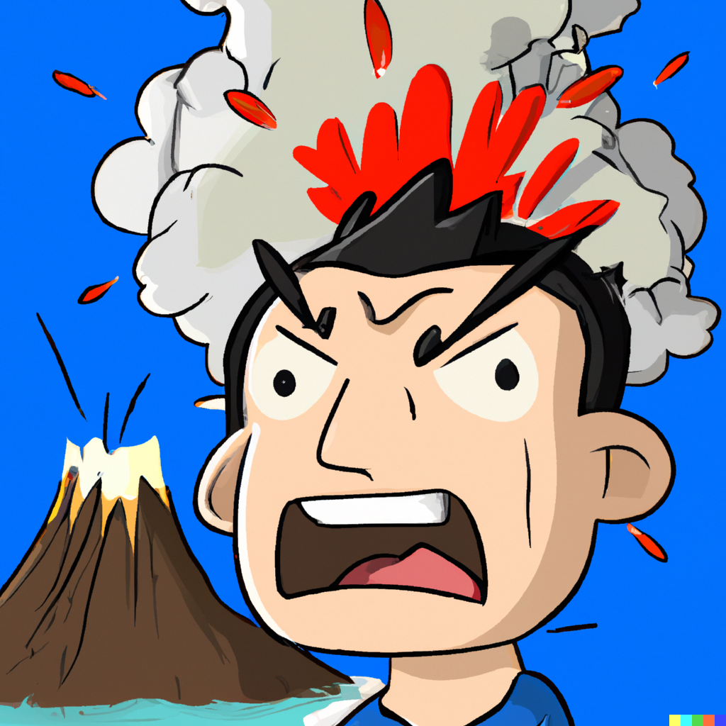An angry man with a volcano exploding our his head.